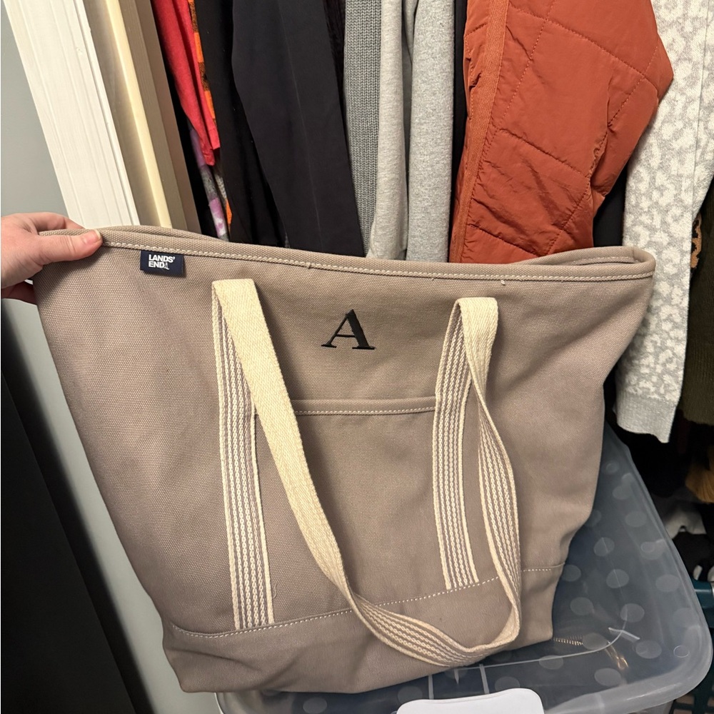 Lands End Large Canvas Tote Bag long handle zip top 5 interior pockets